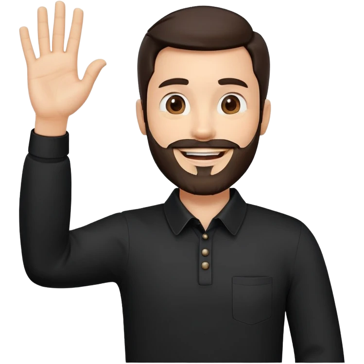 This image is a Memoji-style digital avatar sticker featuring a smiling man with a beard, dark hair, and a raised hand in a waving gesture.

Detailed Description for Recreation:
Face & Expression:

The avatar has a round face with a well-groomed black beard and mustache.

Eyebrows are slightly curved and match the black hair.

The eyes are black with a friendly expression, and the mouth is open in a warm smile showing white teeth.

Hair:

The hair is short, black, and slightly wavy with a styled quiff.

Hand Gesture:

The right hand is raised in a waving gesture, with fingers slightly spread apart.

Clothing:

The avatar is wearing a black, long-sleeved collared shirt.

Background & Style:

The background is transparent (common for stickers).

The art style is 3D cartoon-like, similar to Apple’s Memoji avatars. emoji