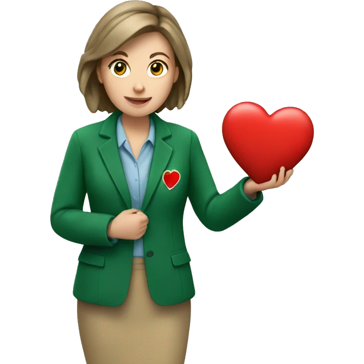 A European female teacher in a green jacket holds a heart in her hands emoji