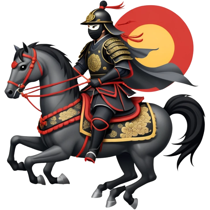 clash-of-clans-aesthetic_-cinematic-fearsome-and-majestic-samurai-bust-portrait-emoji, rendered in a flat, vector-style with minimal shading and bold, simplified shapes typical of emoji art, depicting a battle-hardened samurai with black mask and traditional black Japanese armor. The samurai is riding a noble grey warhorse adorned with an intricately designed saddle and fluttering banners and a rising sun. a samurai riding on a  horse zoomed in emoji
