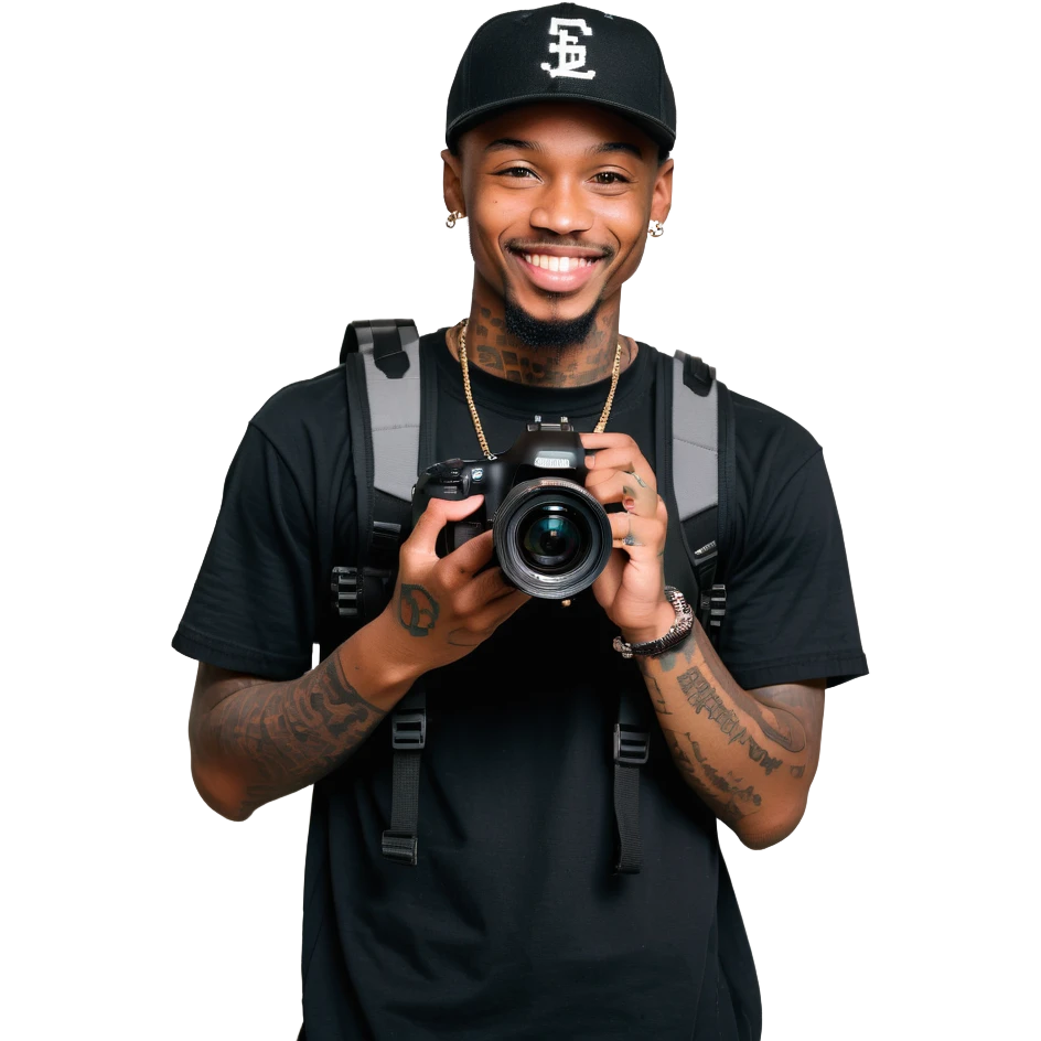 Young African cinematographer with tattoo-covered arms, wearing all black clothing and a baseball cap, holding a DSLR camera. Has dark brown eyes, a bright smile, and a small goatee. emoji