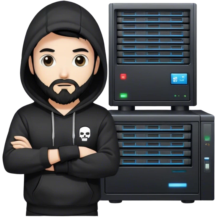 hackeur blanc cheveux noir barbe et capuche noir à côté d'un server ia emoji