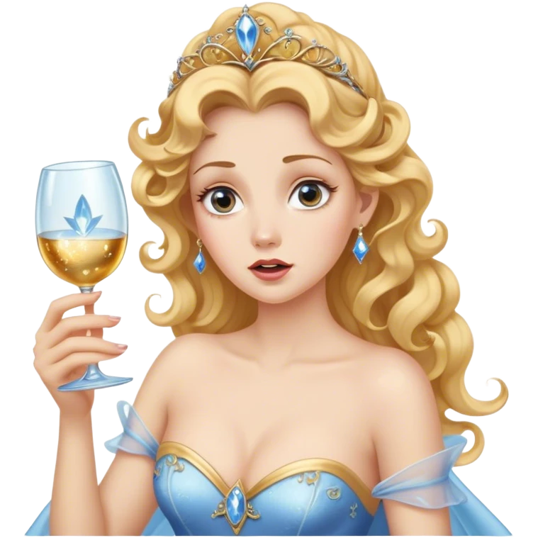 Cinematic Funny Cinderella Portrait Emoji, Stunned expression as she holds a glass slipper much too big, one eyebrow raised, golden curls slightly messy, a mix of royal grace and unexpected humor, capturing a lighthearted twist on her fairy tale moment! emoji