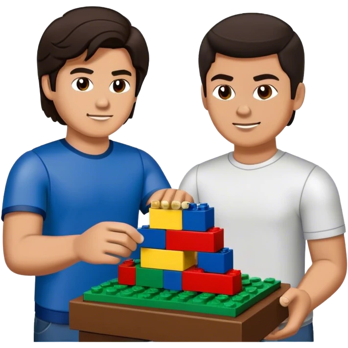 Handsome young man with dark hair built a little heavy like a football player sits with his young fiancé was cascading dark brown hair, putting together Legos emoji