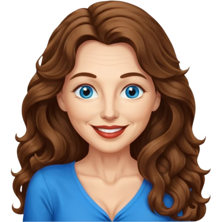 Extra Long wavy hair, brown hair, blue eyes Caucasian, age 50, sexy clothes boobies, kissing face emoji