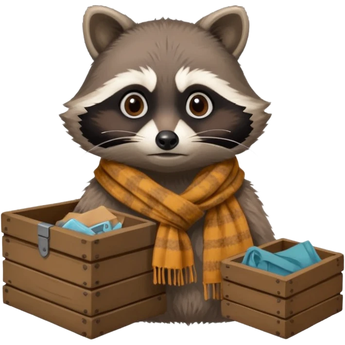 A raccoon with worn-out scarf, sitting next to a tiny box of collected belongings, staring curiously with round sad eyes.
 emoji