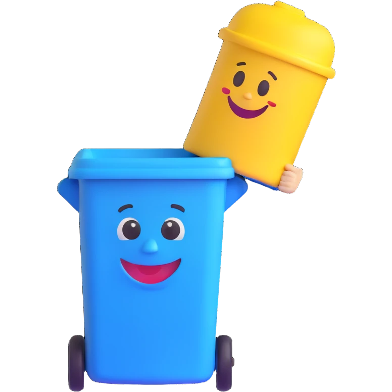 blue bin with a smiling face, waving emoji