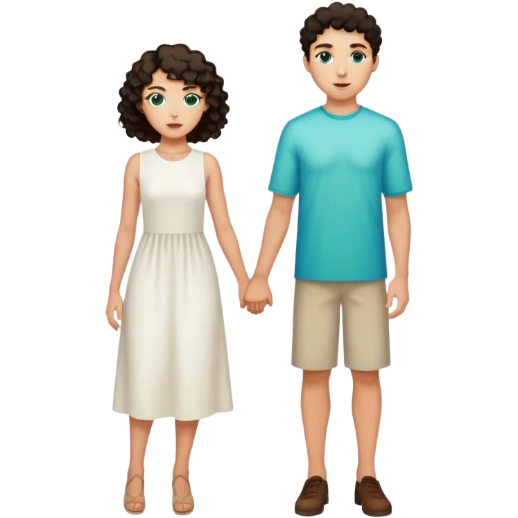 One tall man with light skin, green blue eyes, short straight dark hair and one girl with tan skin and curly dark hair and brown eyes wearing a white midi dress  emoji