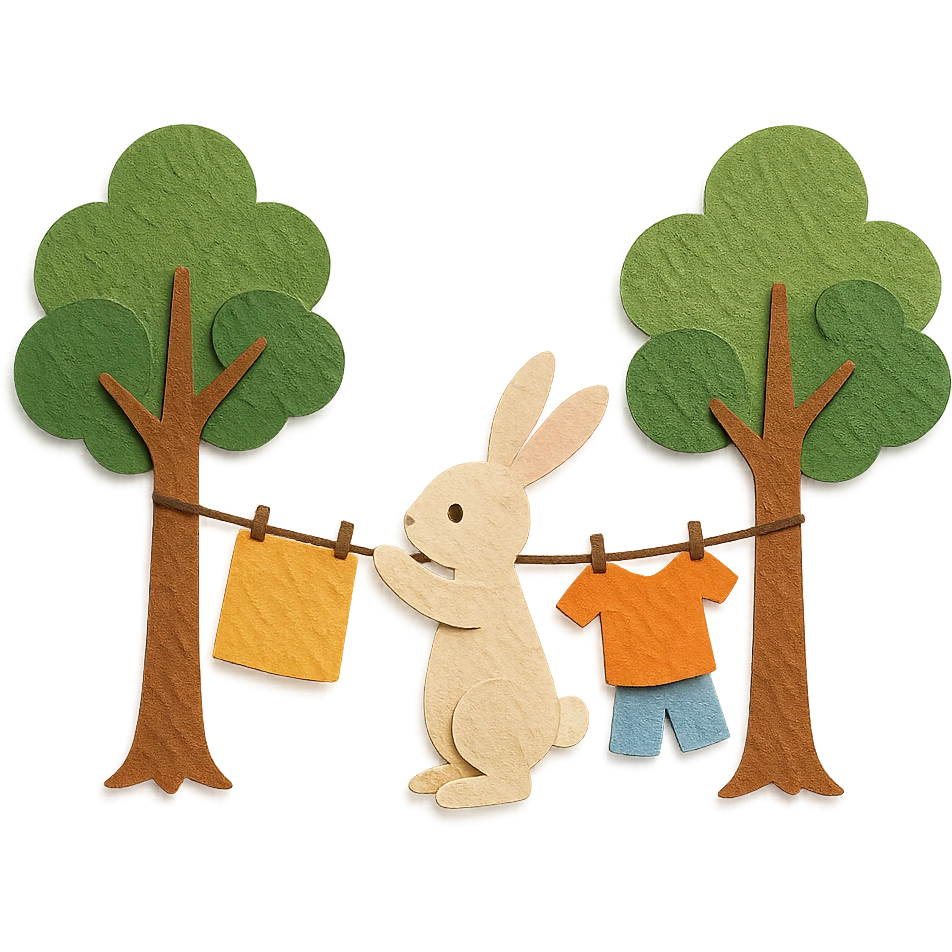 bunny hanging laundry between trees, calming domestic forest feel, paper craft style, flawless, high quality, no imperfections emoji