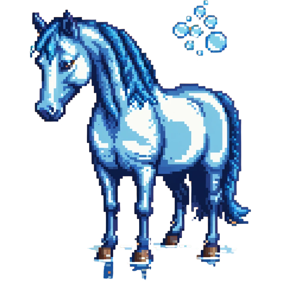 A horse composed of blue and transparent bubbles, with water effects emoji