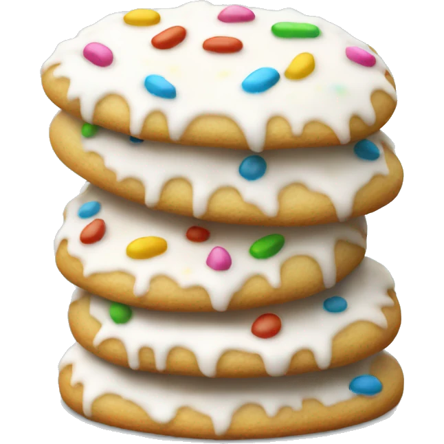 side view, pile of white iced christmas cookie with sprinkles emoji