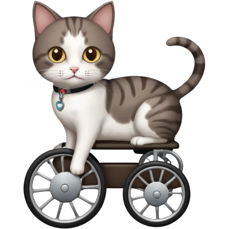 full body small short hair dark brown and white cat with hazel eyes walking in a wheelchair for cats emoji