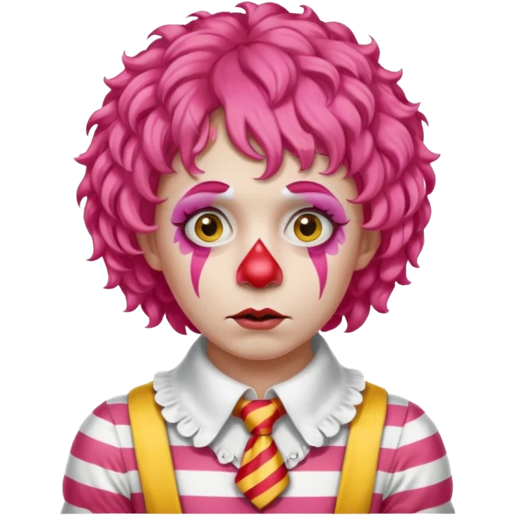 Pink curly wig.

White face paint with red nose and makeup.

Wearing a red-and-yellow striped costume with a white collar.

Wide-eyed, sad expression. emoji