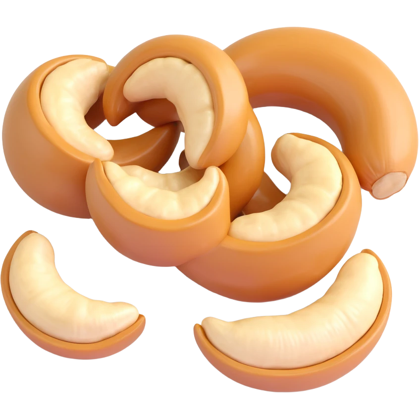 3D style illustration of cashew nuts, grouped together, realistic crescent shape, light tan glossy with soft sheen, white background, emoji clip-art style emoji