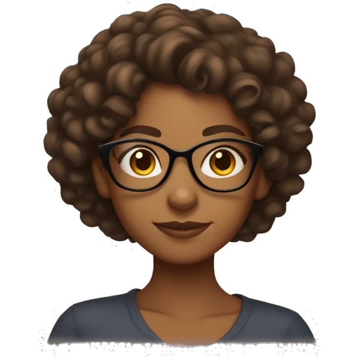 Brown girl with curly brown hair wearing glasses and arms folded, smiling emoji