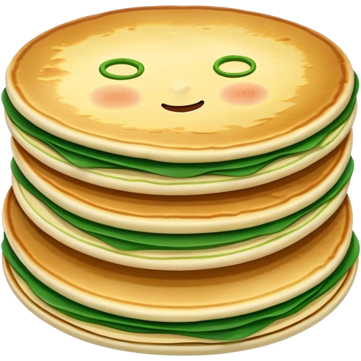 Chinese scallion pancake with visible layers and green onions, simplified emoji style with bold outlines and bright colors, cartoon style crispy Cong You Bing emoji