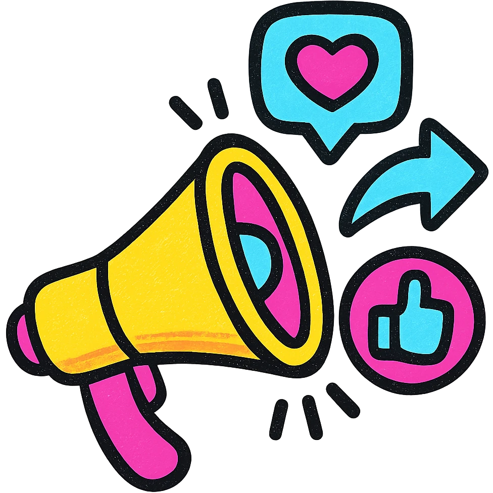 megaphone with social media icons like like, share, comment coming out of it, vibrant colorful style emoji