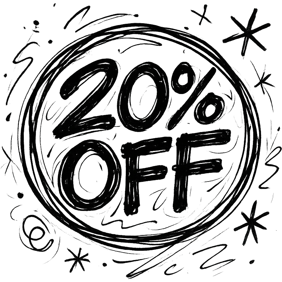 Round label with lettering 20% off with graffiti style  emoji