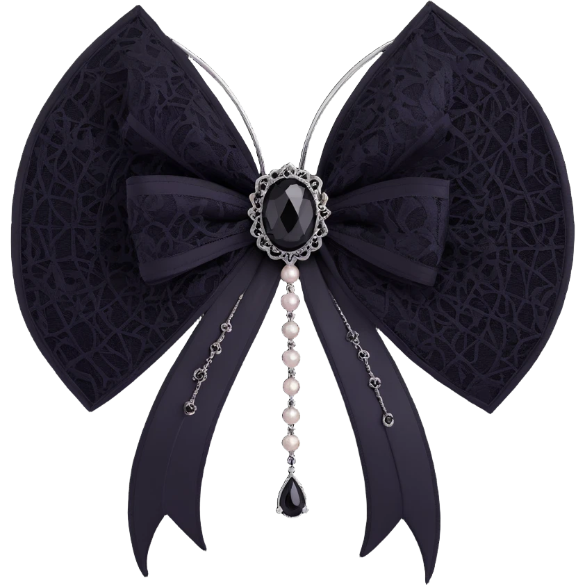gothic bow, white silk, silver spiderweb brooch, black lace overlay, black feather accents, single black teardrop gem, dark pearl details emoji