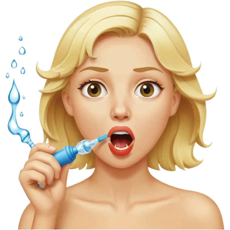 blond woman biting a wide skin-tone stick with a round knob, water jet shooting from the knob into her mouth, surprised look emoji