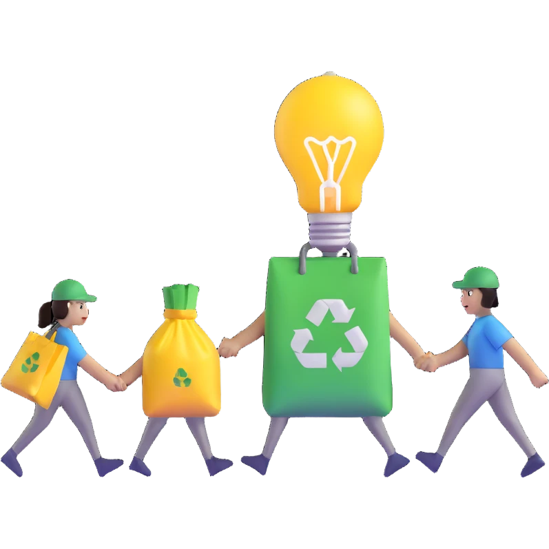 a lightbulb and a battery holding hands, carrying recycling bags, walking toward a recycling bin emoji