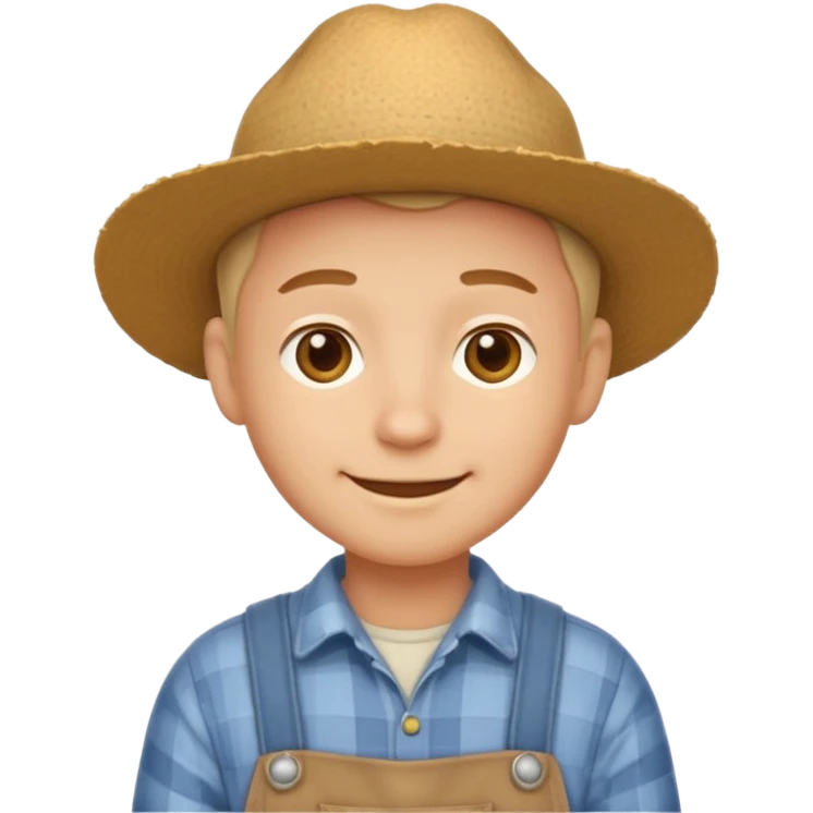 A calm, friendly male cartoon character with light skin, simple farm clothes, warm smile, stylized as a cute, readable emoji icon with soft earthy color emoji