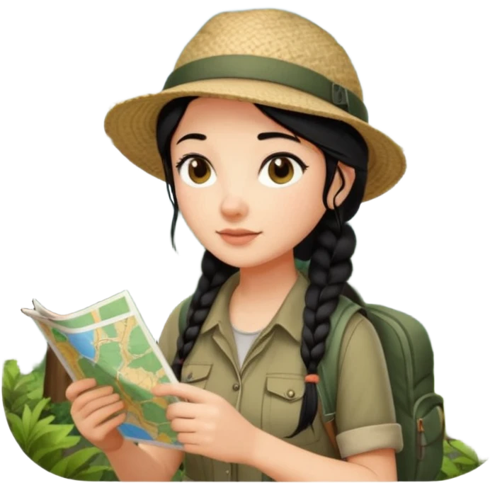 A braid black hair backpacking woman checking her map with curious eyes while walking in the woods with camping hat emoji