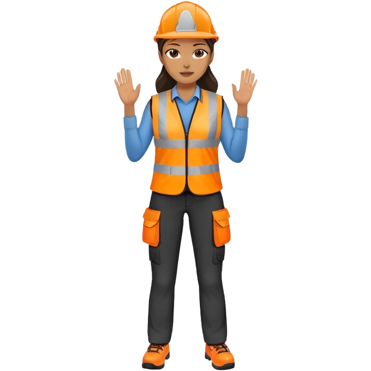 female, orange, hi-vis vest, dark trousers, no helmet, shoes, hand raised emoji