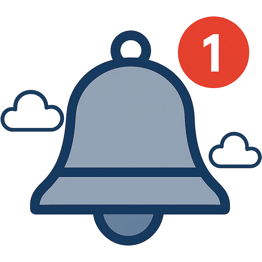 Add a red number badge '1' to the notification bell icon, maintaining the modern flat blue style with a clean and simple look. emoji