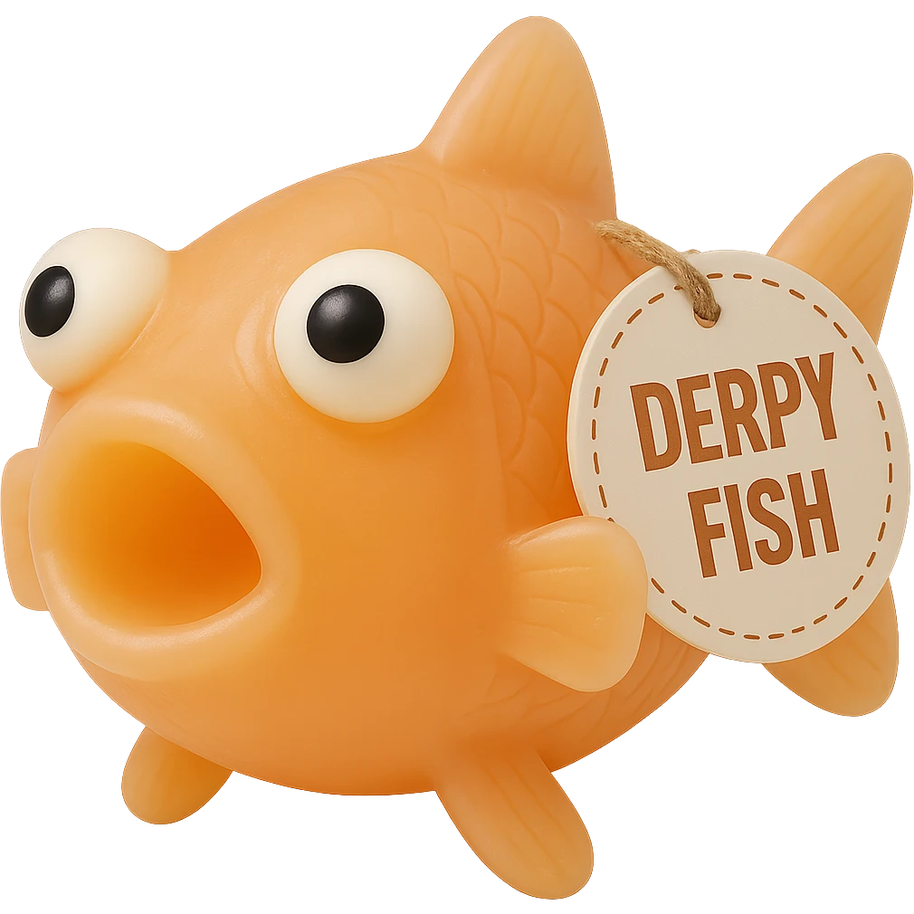 Make the Derpy Fish with the tag look exactly like the second fish in color, transparency, and detail, but keep the original pose and tag from the first image. It should have a retro 90's toy look with derpy eyes, soft plastic texture, soft reflections, soft and squishy appearance, some cloudiness, not shiny, highly detailed and appealing. Match the color and transparency of the second image as closely as possible. Remove the background. emoji