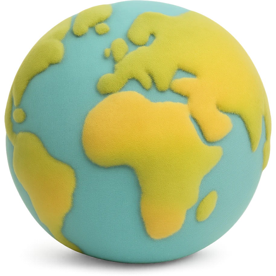 Remove the background, keep the globe with cartoonish exaggerated continents in flocked toys style with no background. emoji
