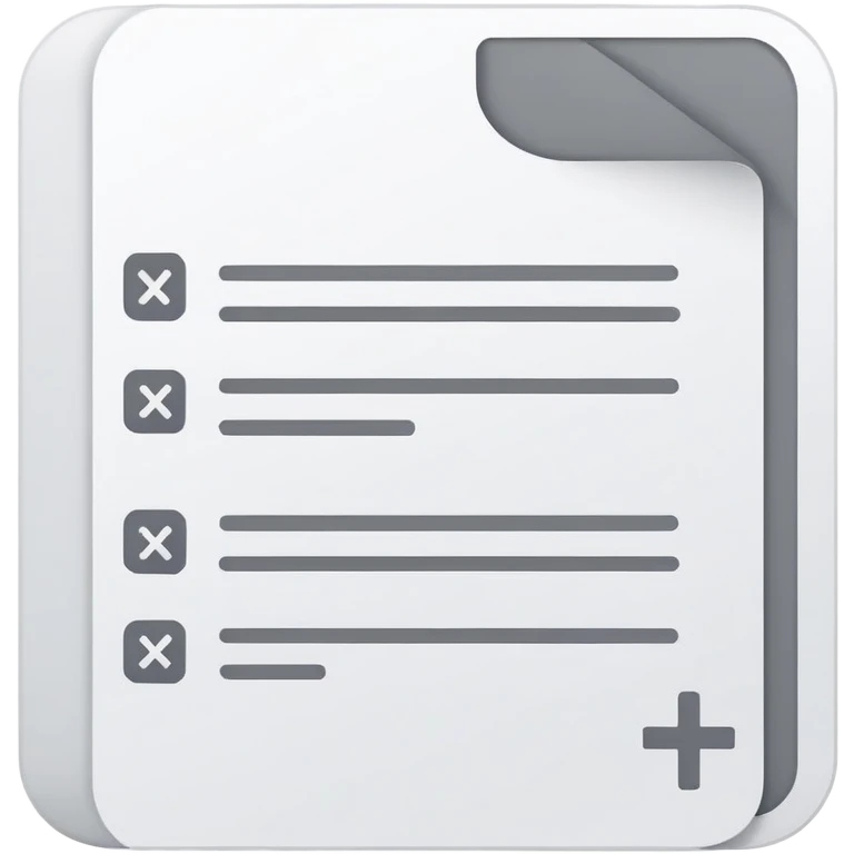 white document with rounded corners, gray plus sign in top left, three gray lines below as text, minimalist flat design emoji