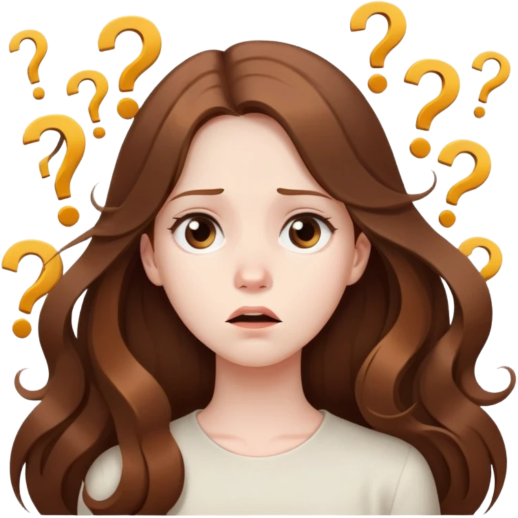 Confused girl with long brown hair surrounded by floating question marks elegant cute  emoji