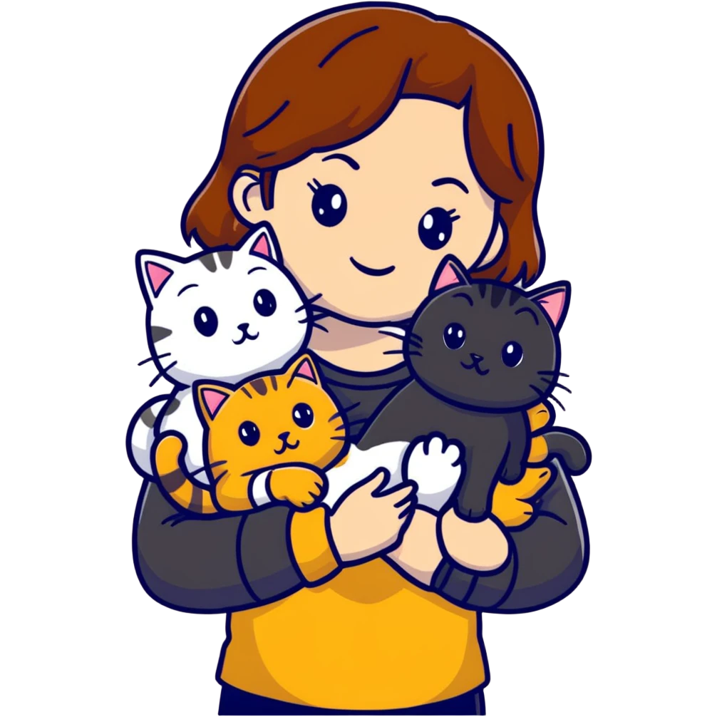 tan brown-haired girl holding two cats, one black cat and one grey-striped cat emoji