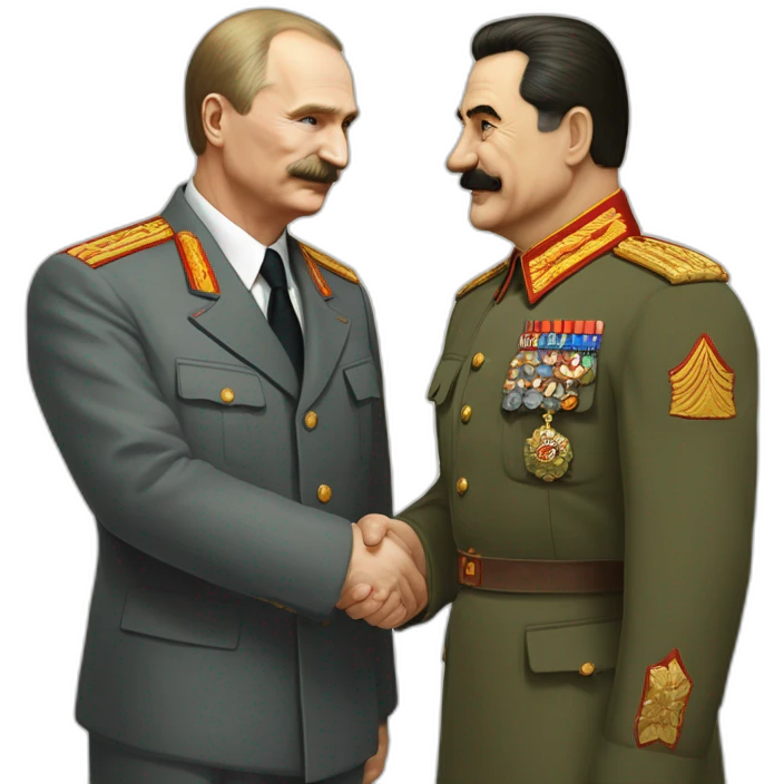 Stalin shakes Putin's hand. Putin in a suit, Stalin in a tunic emoji