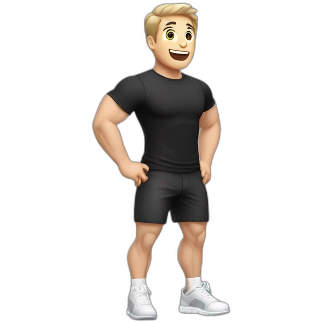 amazed Open with surprise mouth Pale skinned Fit Man With the biceps and dark brown hair in black shirt, gray sports shorts and white Sneakers emoji