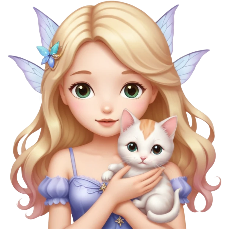 Very dreamy-pretty-fashionable-cute-shiny-ladylike-soft style-kawaii-beautiful-beautiful-hair-fairy style-holding a kitten emoji