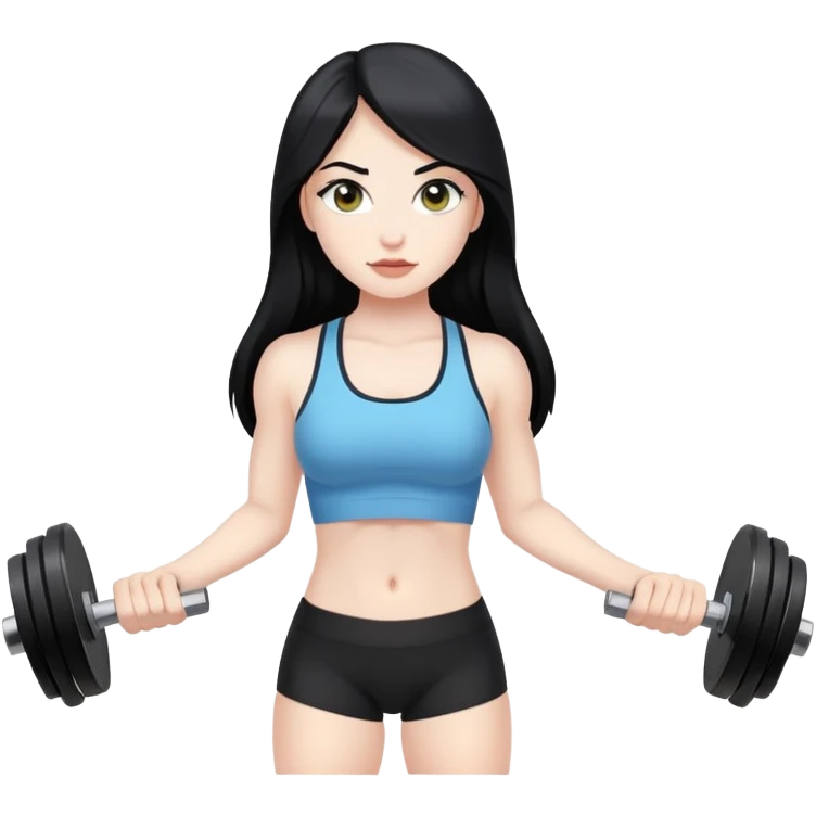 Pale girl with long black hair lifting weights emoji