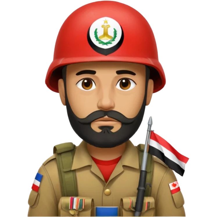 A very tired and sad, swarthy Iraqi soldier with a beard, an Iraqi flag on his helmet, a sad expression and bags under his eyes emoji