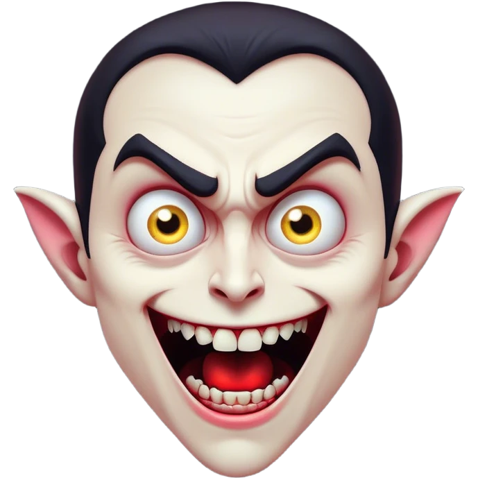 Cinematic Comical Vampire Portrait Emoji, with a sharply stylized, slightly caricatured pale face accented with exaggerated fangs and overly dramatic wide eyes filled with comic shock, head tilted in a hilariously startled pose, simplified yet amusingly detailed, glowing with a soft mysterious glow and a playful outline capturing the quirky humor of a vampire in disbelief! emoji