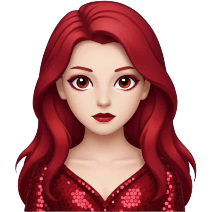 Chappell Roan (b.1998) with long dark red hair, red sequin outfit, makeup emoji