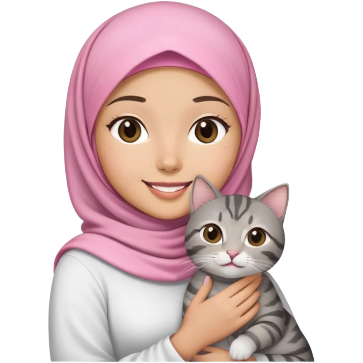 Asian White girl wearing pink hijab and white dress holding a black grey tabby cat while smiling.  emoji