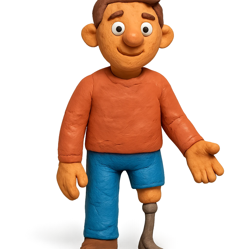 claymation style man with a physical disability, such as a prosthetic limb emoji