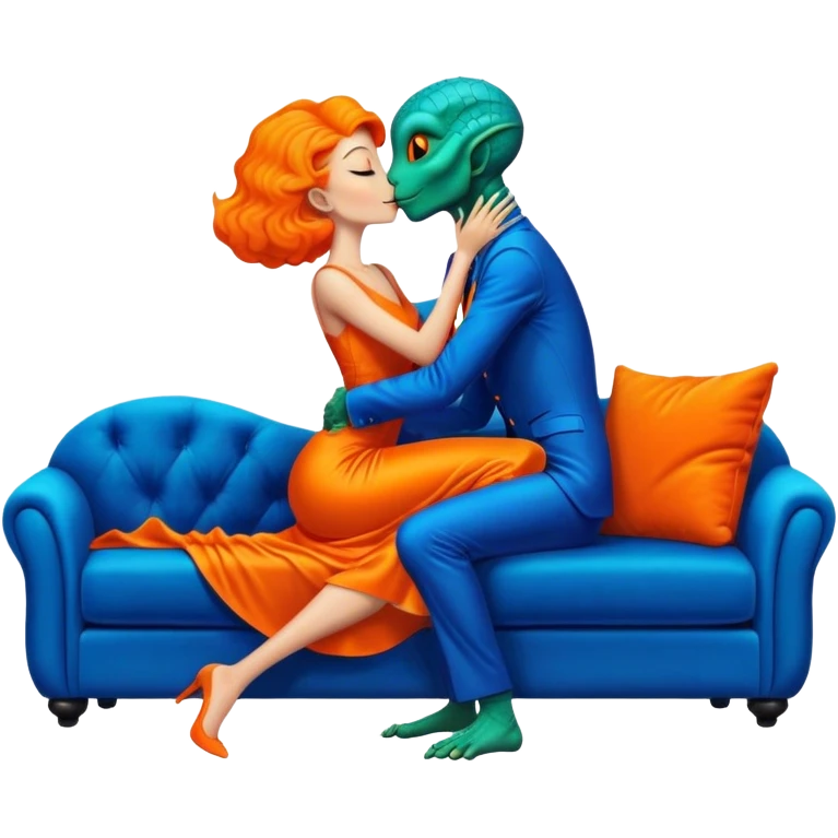 A reptilian alien woman in orange dress kissing human man in blue dress, on sofa emoji