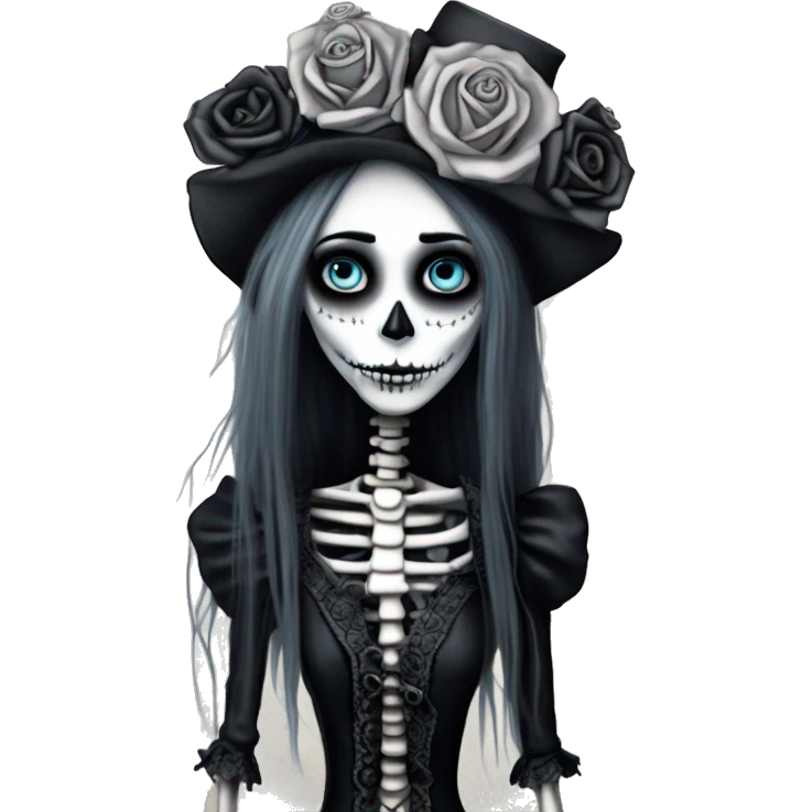 full height skeleton, tim burton "corpse bride", thin porcelain doll with a cracked face, goth makeup watery eyes, long hair, lace and ruffles, lolita style, inked, black and white, red roses, gothic castle with roses emoji