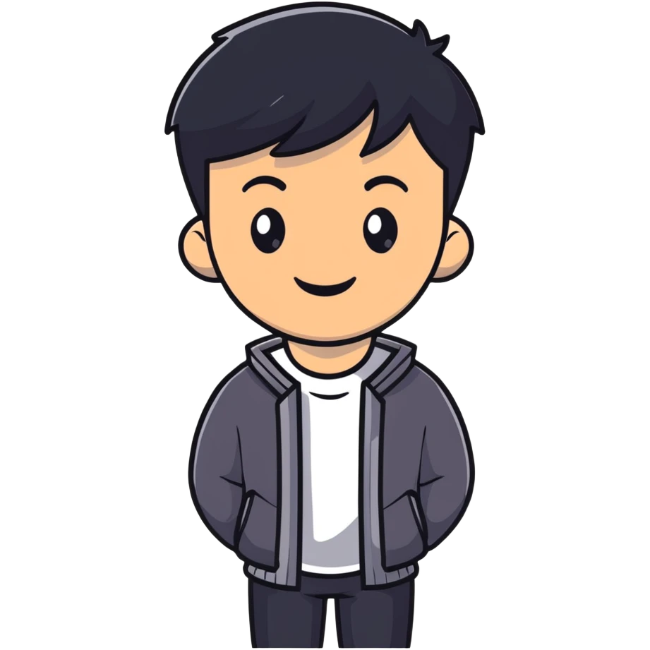 Asian man with short black hair, friendly smile, Josh Lim character emoji