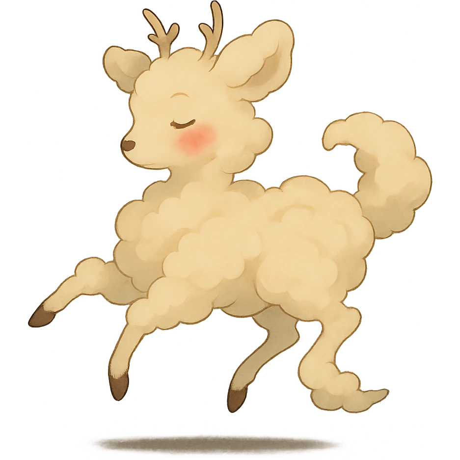 soft vanilla cloud doe with rosy cheeks, floating gracefully like a witch, ghibli style emoji