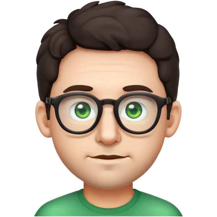 simple male emoji with poofier slightly curly dark hair, big ears, pale skin, glasses, green eyes, light stubble emoji