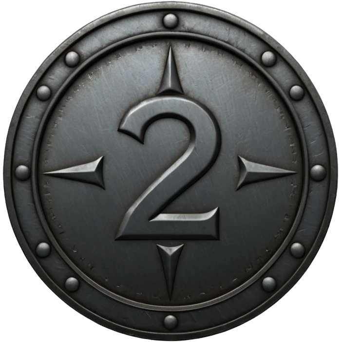 Minimal emoji, gothic metal coin made of black steel, engraved number 2 at the center, ancient industrial aesthetic, worn metal texture, no glow, no neon, flat emoji design, centered, transparent background emoji