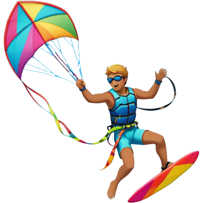 A vibrant kite soaring high in the sky, attached to a kiteboarder riding the waves below. The scene is filled with bright colors, capturing the energy of the sport. The background features the ocean, wind-blown waves, and a clear sky, showcasing the excitement and freedom of kiting. emoji