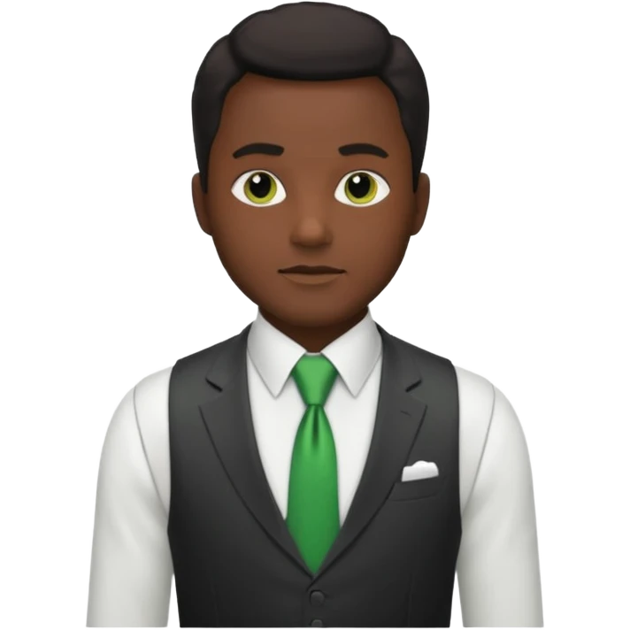 businessman, black skin, white suit vest, green tie emoji